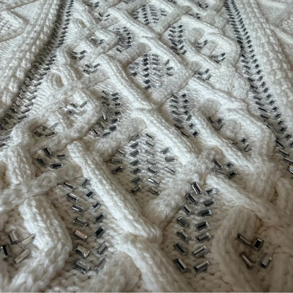 J. Crew White Cable Knit Crystal Embellishments Sweater Top, Large